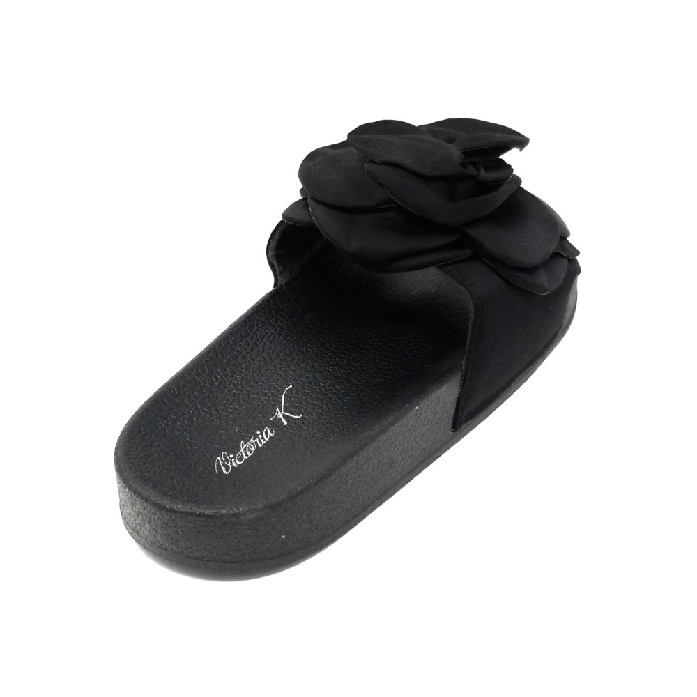 Women Satin Black Rose Petal Slip-On Sandals Flips - Picture 2 of 3